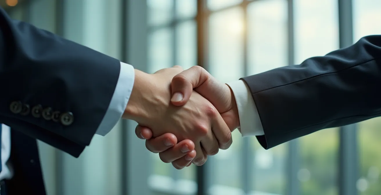 Poignée de main professionnelle entre deux personnes en costume