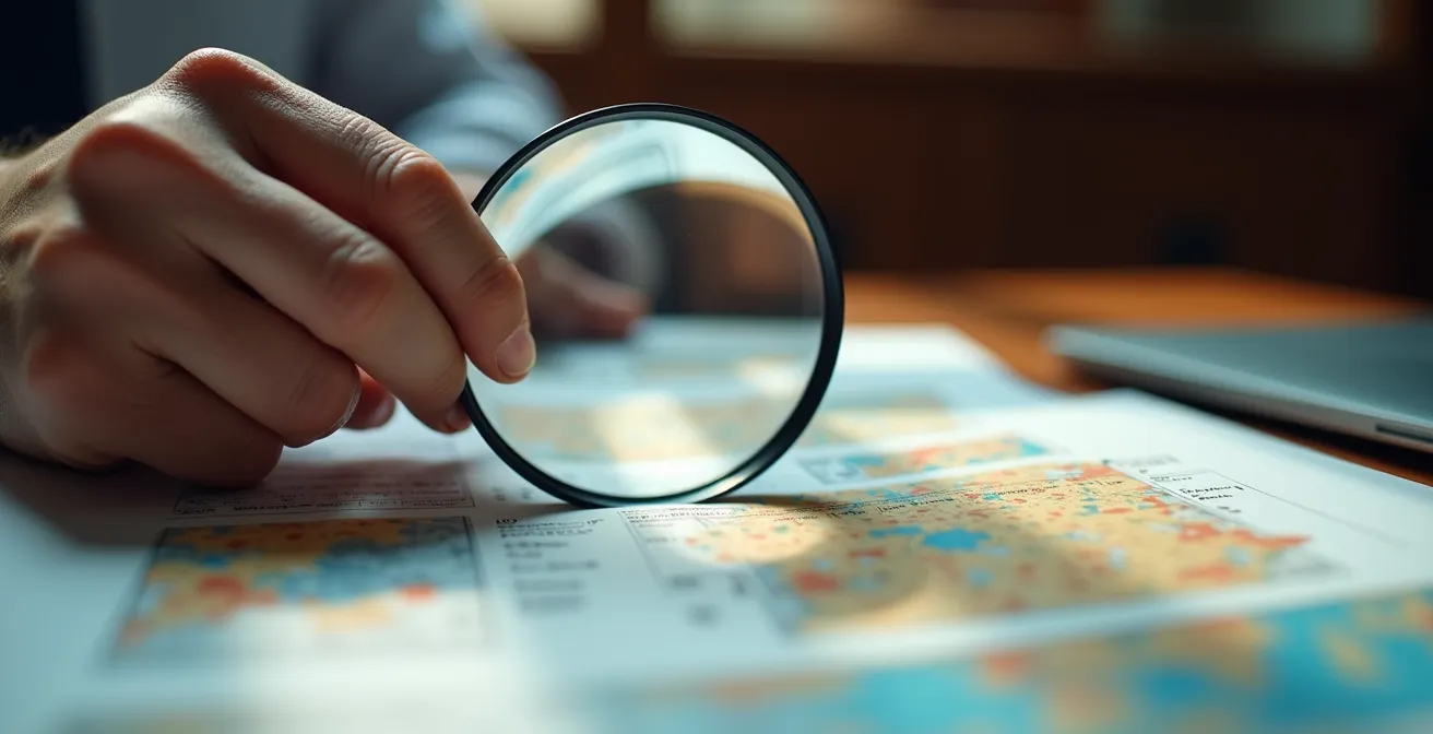 Main analysant des documents techniques avec loupe grossissante