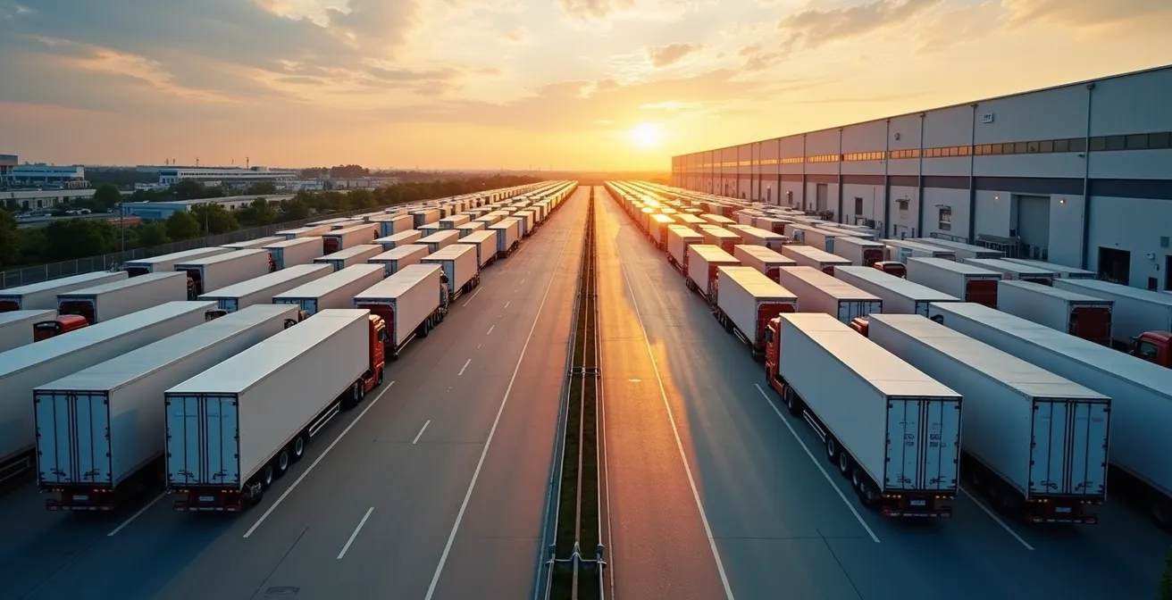 Vue aérienne d'un centre logistique moderne avec camions alignés