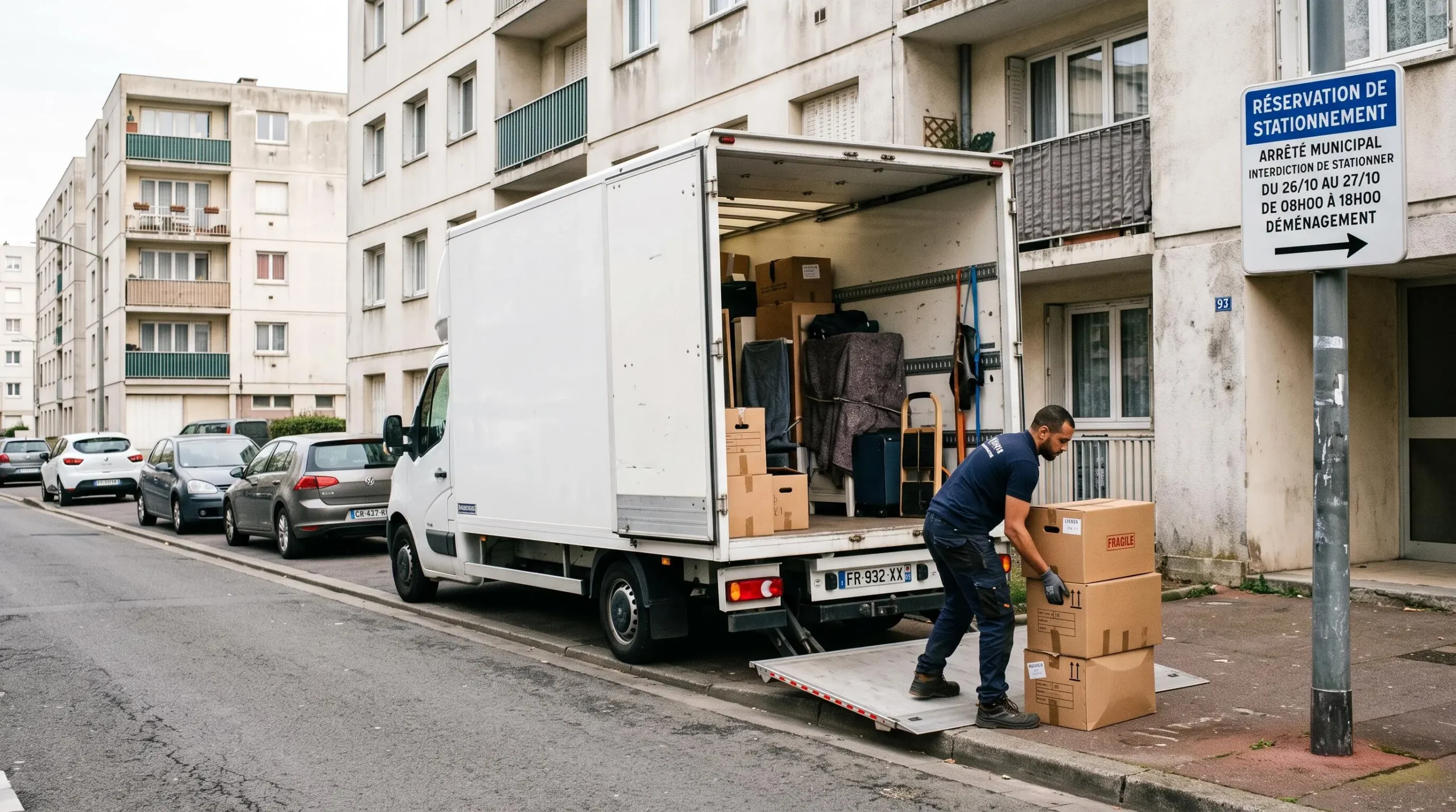 Camion de déménagement stationné avec panneau de réservation de stationnement dans une rue du 93
