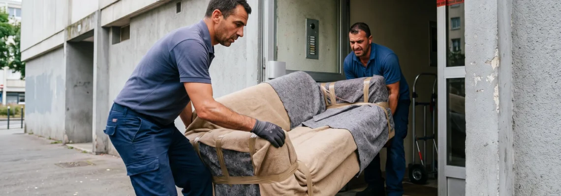 Deux déménageurs professionnels transportant un canapé emballé à l'entrée d'un immeuble en Seine-Saint-Denis