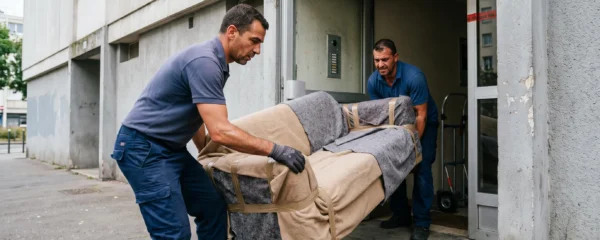 Deux déménageurs professionnels transportant un canapé emballé à l'entrée d'un immeuble en Seine-Saint-Denis