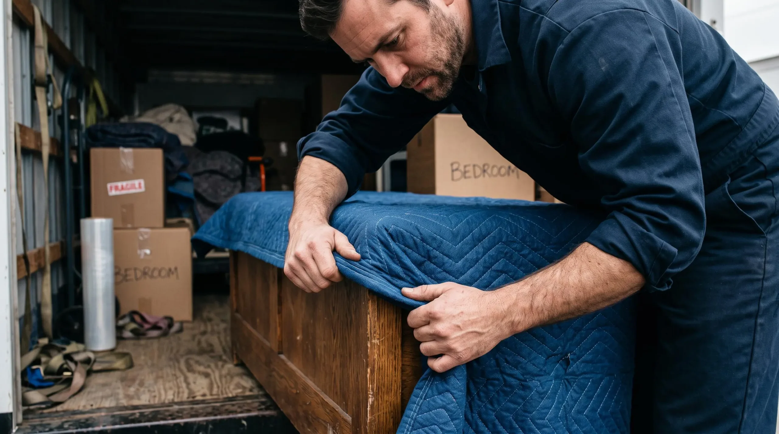 Déménageur enveloppant un meuble dans une couverture de protection professionnelle