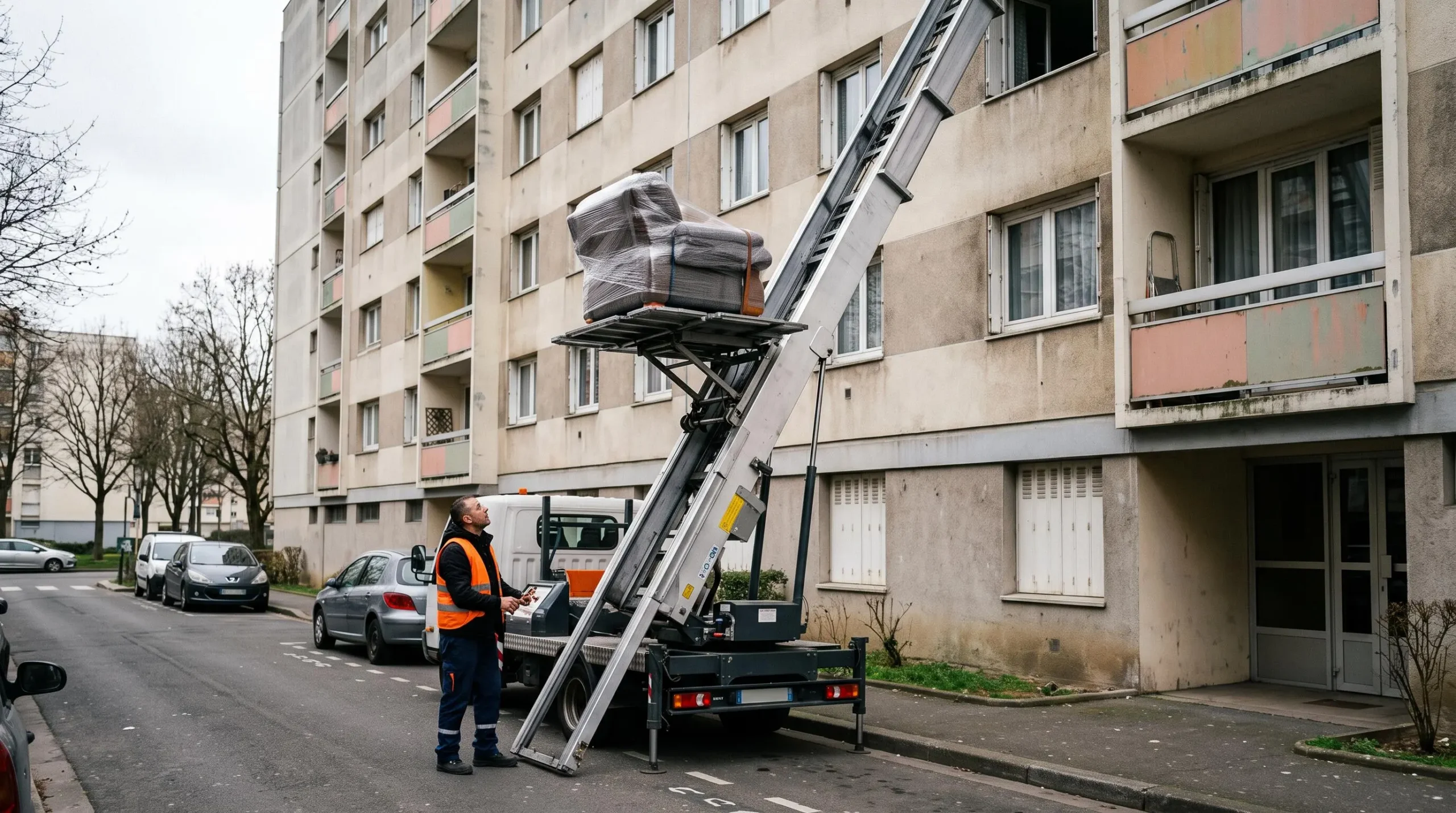 Monte-meubles extérieur en action sur la façade d'un immeuble du 93 avec déménageur supervisant l'opération au sol